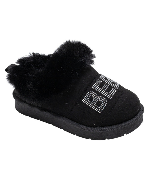bebe Girls' Winter Slide Slippers with Faux Fur Lining and Rhinestone Bebe Logo