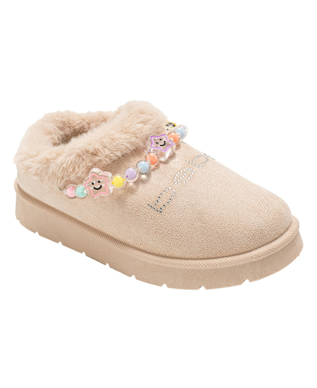 bebe Girls' Cozy Boot Slide with Faux Fur Lining, Friendship Beads, and Rhinestone Detail