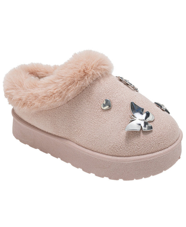 bebe Toddler Girls’ Winter Slide with Faux Fur Lining and Metal Ornament Details – Cozy Indoor Outdoor Footwear