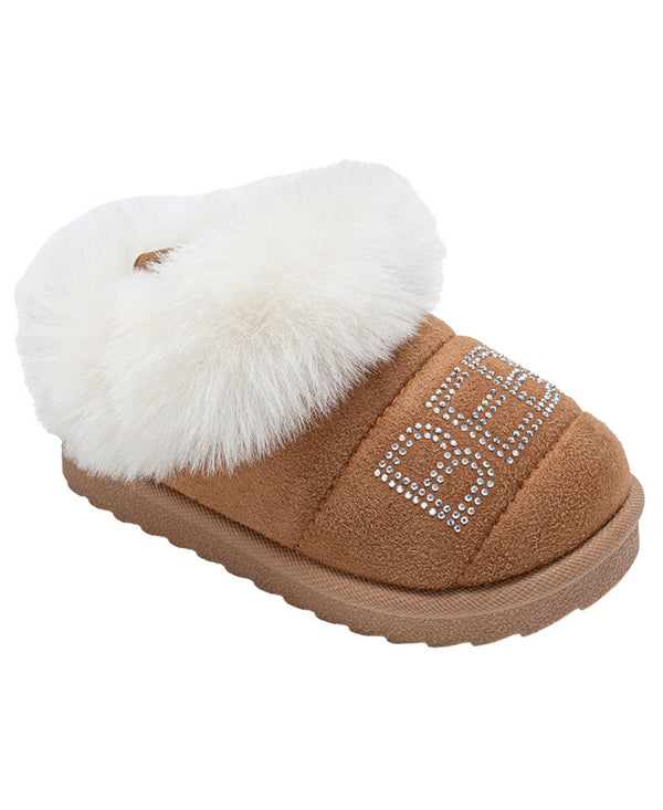 bebe Toddler Girls’ Winter Slide with Faux Fur Lining, Rhinestone Bebe Logo and Memory Foam Sock