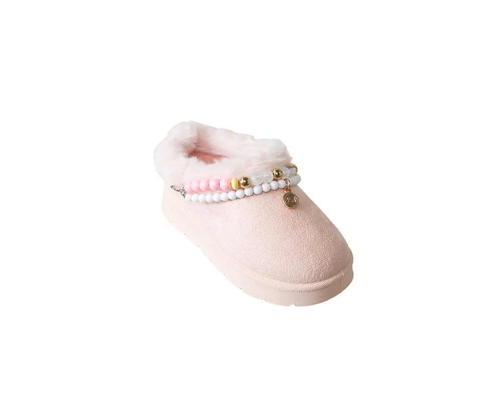 bebe Toddler Girl's Cozy Faux Fur Slide Slipper with Cowgirl Bracelet and Dangle Charm