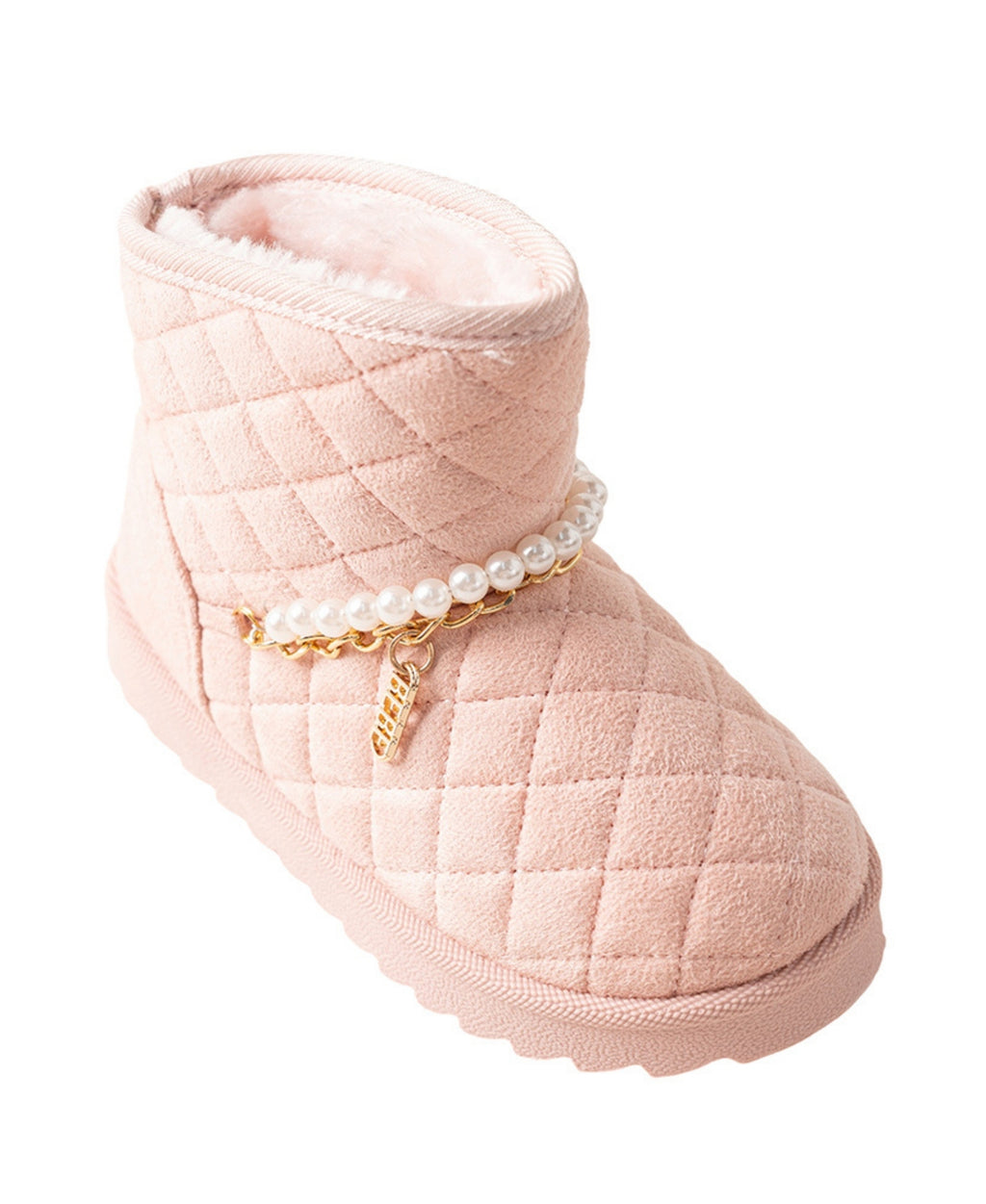 bebe Girls Quilted Cozy Boot with Pearl Chain and Charm