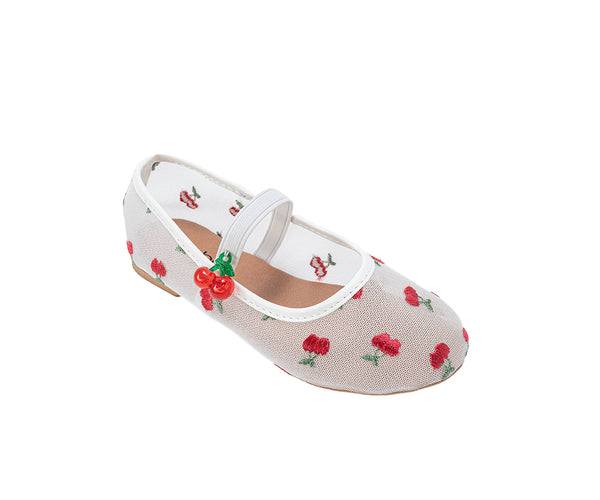 bebe Girl's Mesh Ballet Mary Jane Shoes - Comfortable Dress Flats with Embroidered Cherry Accents