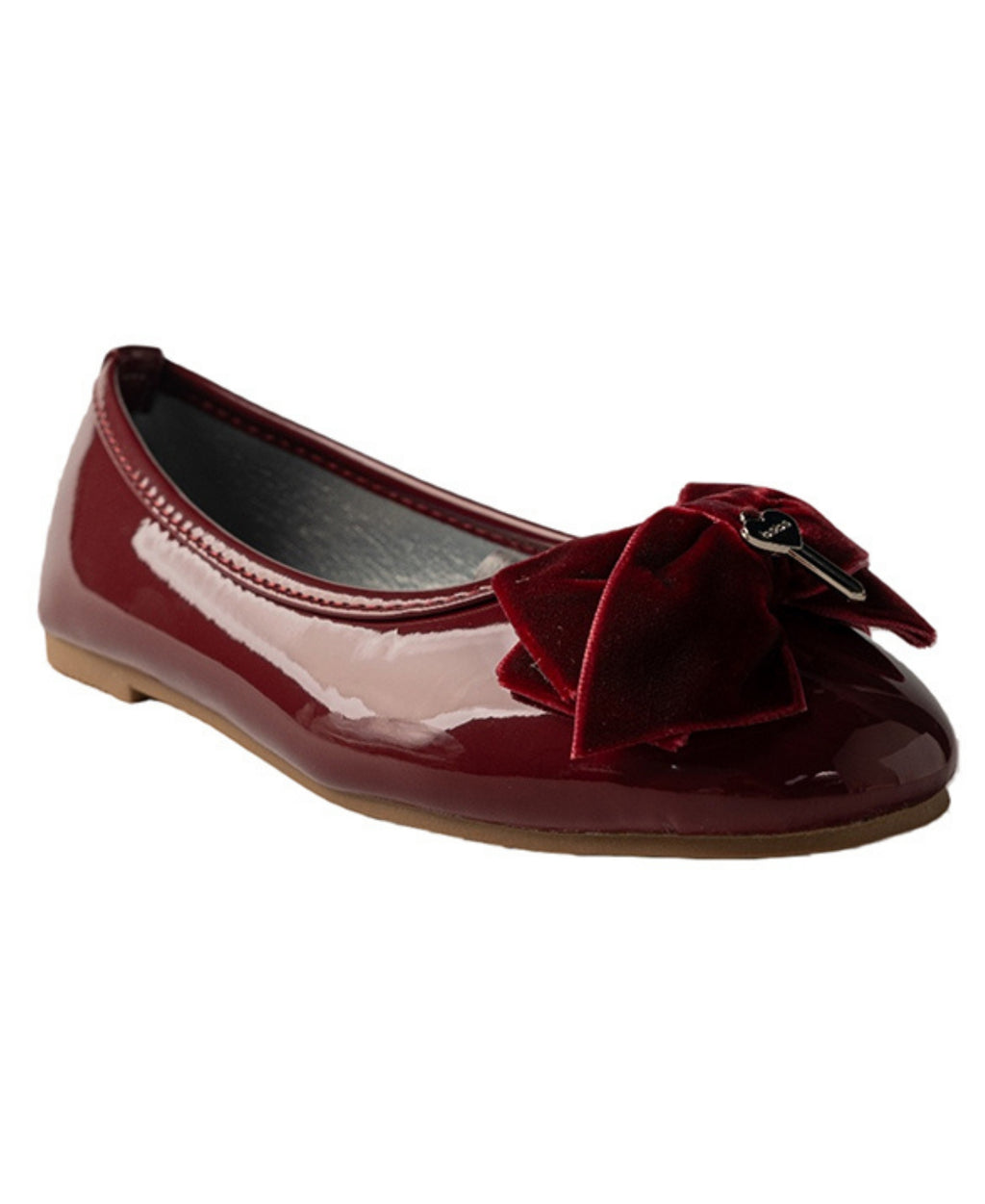 bebe Girls' Patent Ballet Flats with Velvet Bow Accent and Charm Detail