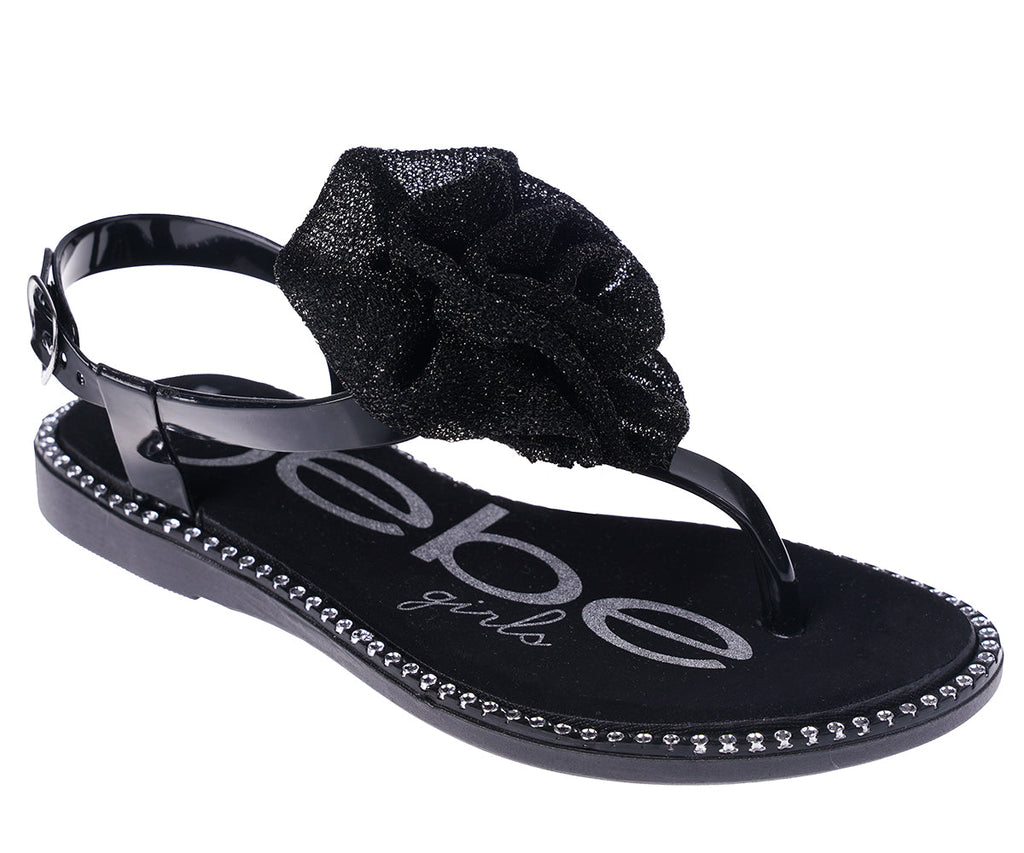 bebe Girl's Simple & Elegant Flat Sandals with Pearl, Flower, and Rhinestone Design - Flat Sandals for Little Kid/Big Kid