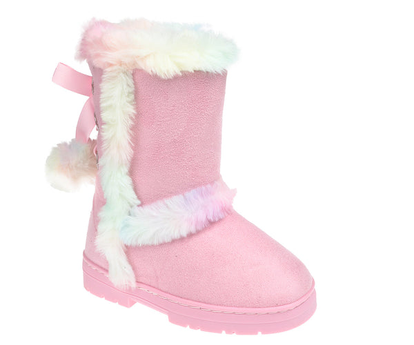 bebe Girls Big Kid Mid Calf Easy Pull-On Microsuede Winter Boots Embellished With Fur Trim And Rhinestone Eyelet