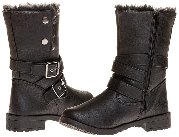 Sara Z Ladies Pu Moto Boot with Snap Closure (Black), Size 11
