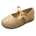 Sara Z Kids Toddlers Girls Glitter Ballet Flat Slip On Shoes With Elastic Strap and Bow Gold Size 7/8