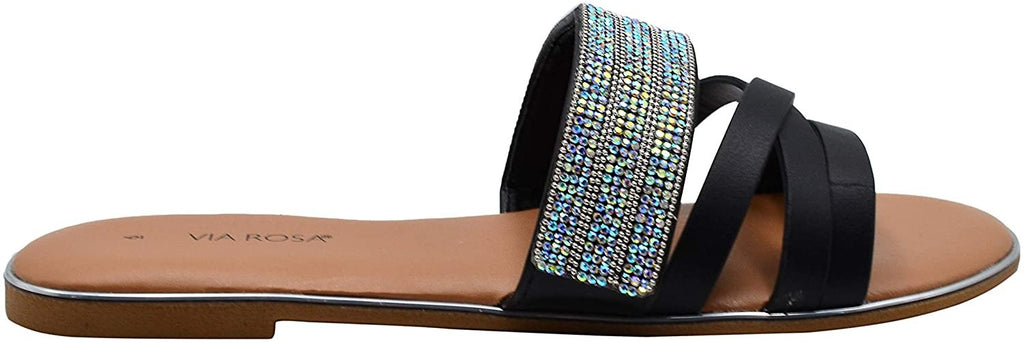 Via Rosa Womenâ€™s Rhinestone Strappy Slide Sandal - Open Toe Fashion Bling Summer Flat Shoe