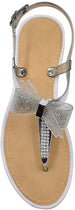 Via Rosa Womenâ€™s Metallic T-Strap Sandal with Rhinestones, Bow and Adjustable Back Strap - Fashion Bling Summer Shoes