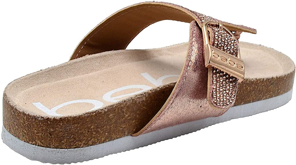 bebe Girls Big Kid Rhinestone Footbed Slide Sandal with Shimmer Fabric Strap - Fashion Summer Shoes