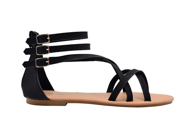 Via Rosa Ladies Gladiator Nubuck Pu Triple Buckle Gladiator Flats