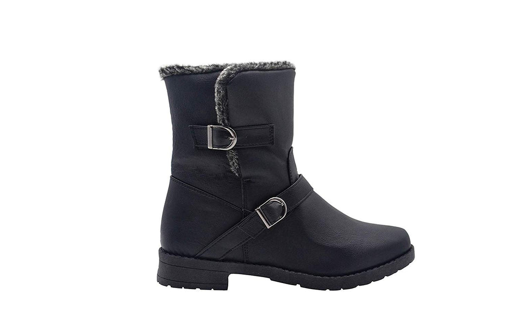 Via Rosa Women’s Short Mid Calf Moto Boots Embellished with Faux Fur Trim and Buckles