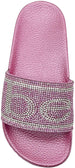 bebe Girls' Big Kid Slip-On Slide Sandals with Rhinestone Logo Strap, Cute Open-Toe Flat Fashion Summer Slipper Shoes
