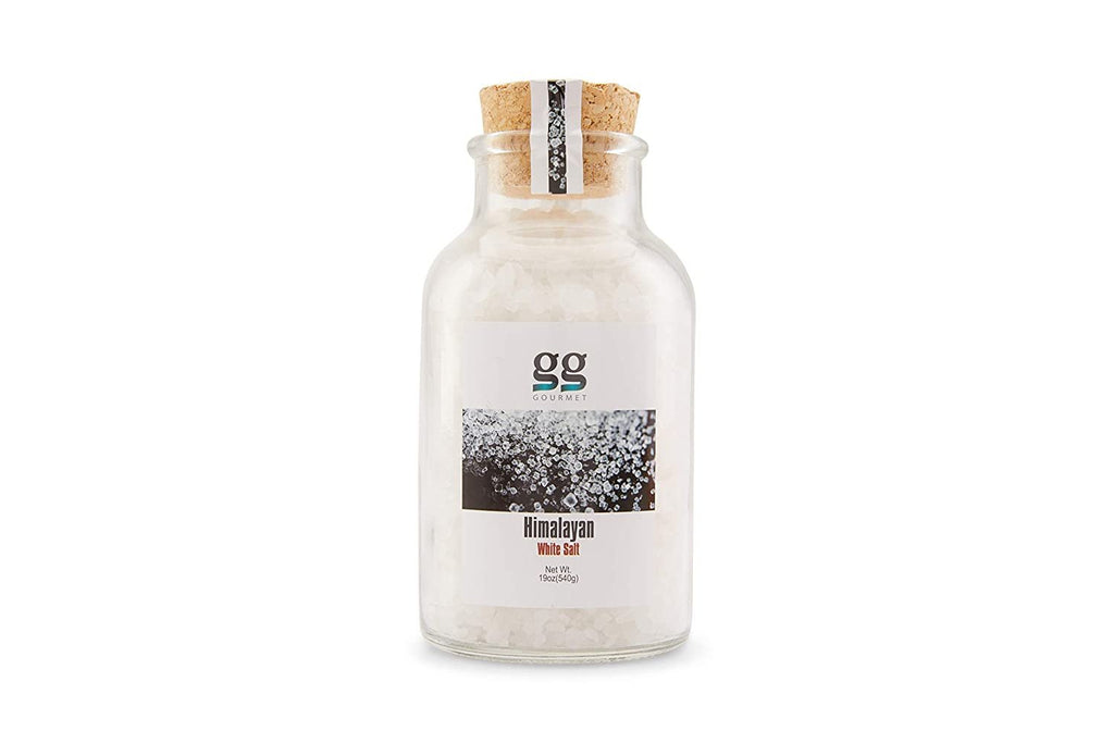 GG Gourmet Himalayan White Salt Glass Jar w/ Cork Lid | Coarse Grain, 100% Natural | Refillable Container | Ideal for Food Seasoning, Flavoring, Grilling, Cooking, and Baking | 18.9 Ounces