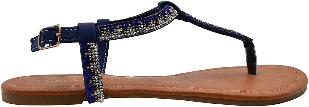 Gold Toe Womenâ€™s Rhinestone T-Strap Sandal with Back Straps - Open Toe Fashion Bling Summer Slide Shoe