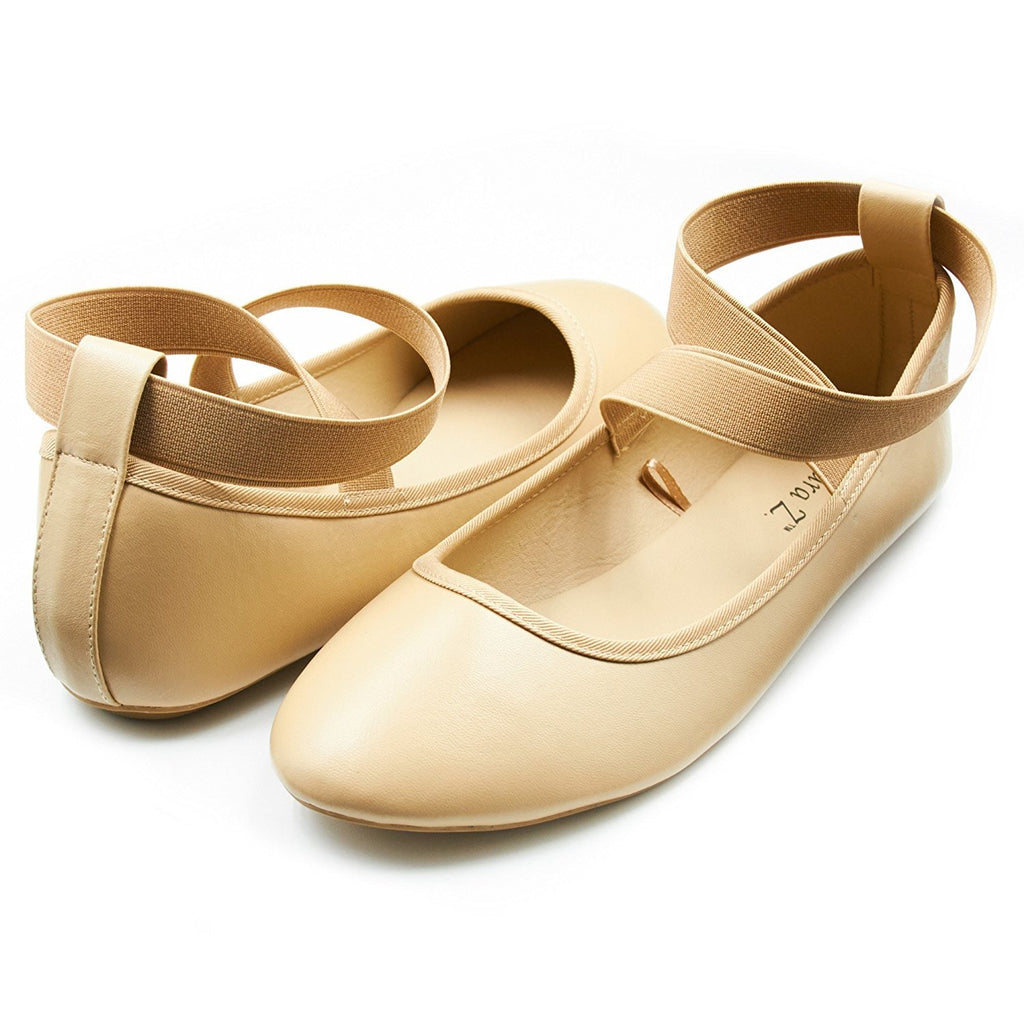 Sara Z Womens Ballet Flat Slip On Shoes with Elastic Ankle Straps Tan Brown Size 5/6