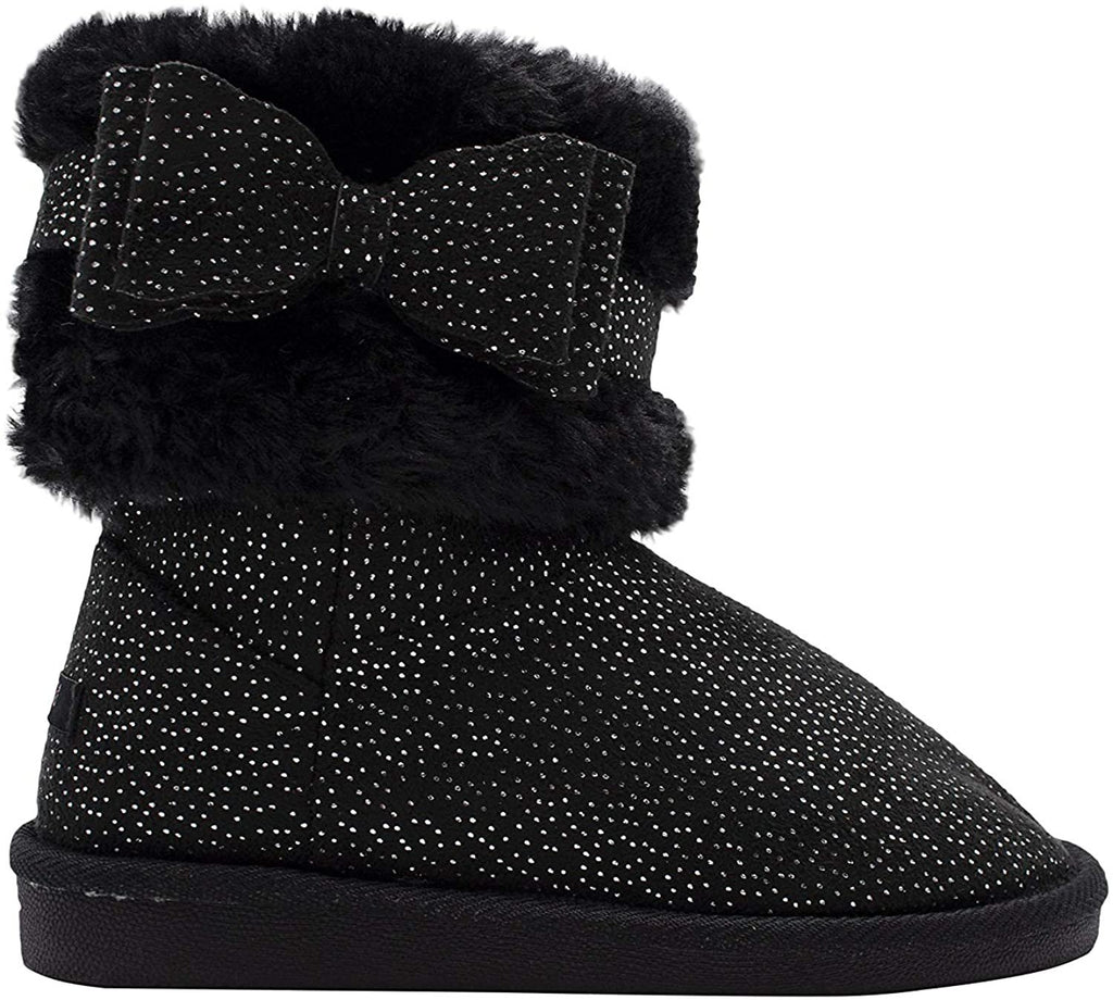 kensie Girls' Big Kid Slip On Mid High Microsuede Shimmer Winter Boots with Bows and Faux Fur Shaft Black Size 11