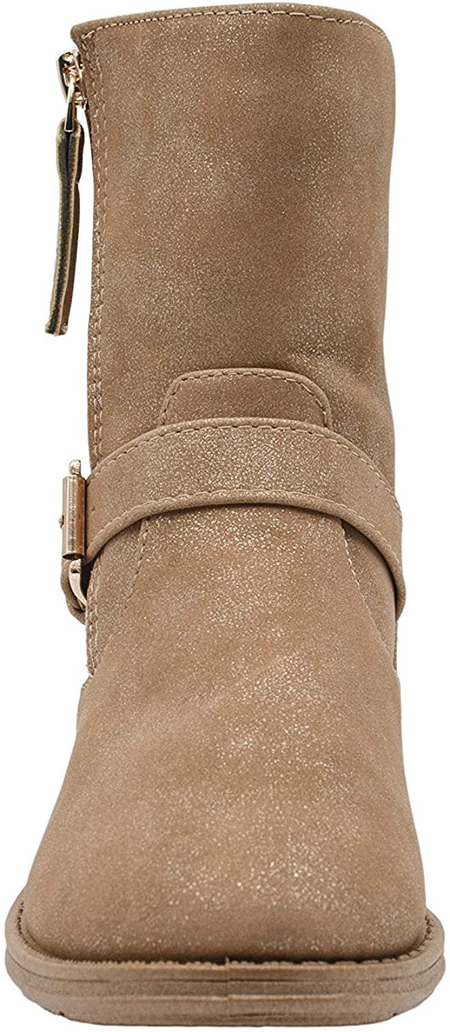bebe Girlsâ€™ Big Kid Slip On Mid High Moto Boots with Buckle Straps and Gold Zipper