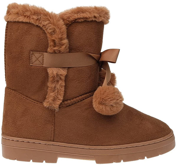 Fifth & Luxe Womens Comfortable and Warm Microsuede Winter Boot with Pom Pom Bow