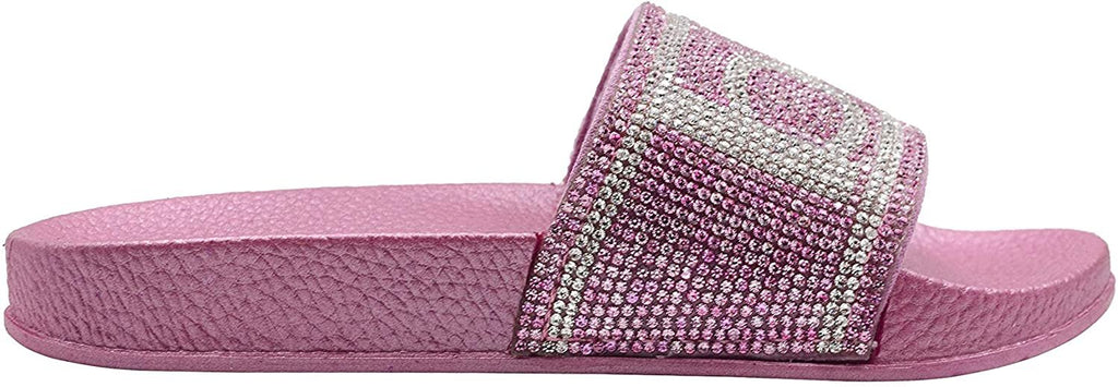 bebe Girls' Big Kid Slip-On Slide Sandals with Rhinestone Logo Strap, Cute Open-Toe Flat Fashion Summer Slipper Shoes