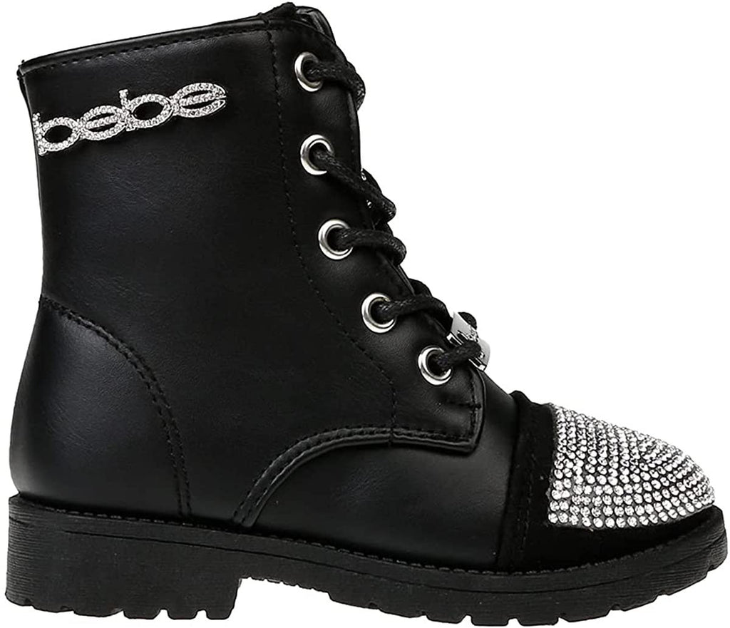 bebe Toddler Girlsâ€™ Waterproof Outdoor Combat Boots for Toddler/Girls Studded with Rhinestones Lace-Up Side Zipper Mid Calf Boots